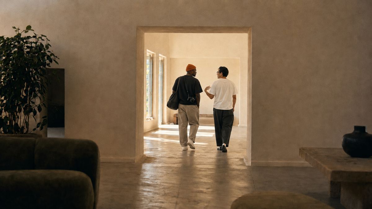 Two members walking together through a warm plaster doorway — the threshold